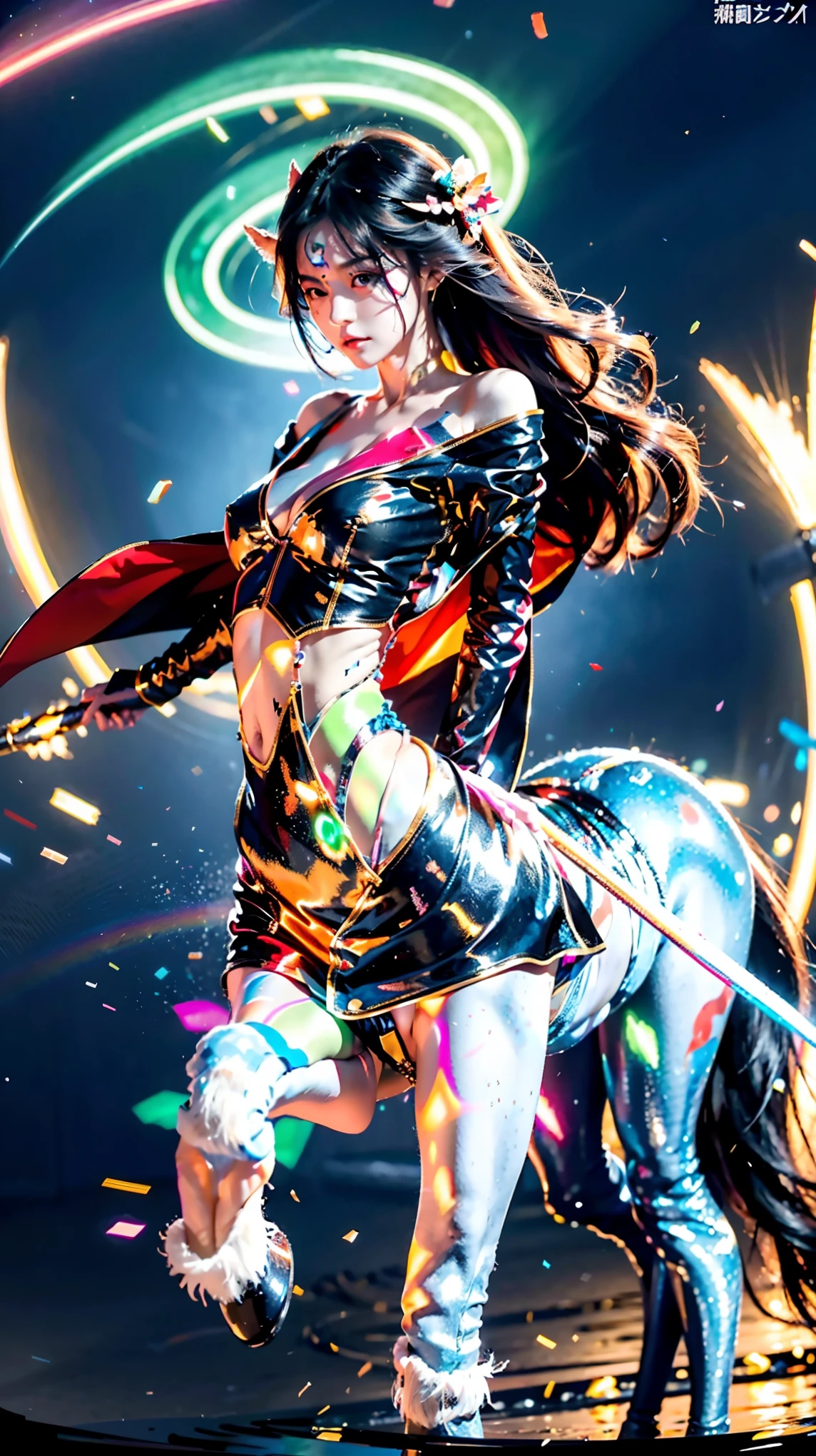 In the illustration of this super-grand scene,We enjoyed a fascinating sight,The various characteristics of the multiverse converge to fill the picture with brilliant colors。In this intoxicating scene,Our camera captured a mysterious(Centaur,Half man, half horse:1.875)Dancer,She was half-dressed,Graceful,Dance on the water。Her magic dance has many different styles of movements,And keep changing her clothing style,Blend in with the beauty of the surroundings,Adds an unpredictable charm to the whole scene。Dancer的舞蹈令人陶醉,Her rainbow cape flutters behind her like wings。This cape consists of different styles、color、Made from small parts of materials and styles,The extremely long train is gorgeous and elegant。Her dancing trajectory is accompanied by the glare effects of neon lights and magical stars,Sometimes, a giant structure appears vaguely in the sky.,Mysterious and elegant, she always blends into the environment,Creates a stimulating atmosphere for the senses。Dancer拥有超高挑的身材和弧度超大的爆炸的曲线,Her body features are full of seductive sexiness。Her physical appearance includes::Mysterious K-cup Sizes(Super huge teardrop-shaped breasts:2.625)The bulge squeezes the tight plastic bra out of shape、Narrowed sternum and waist and abdomen、Charming face、Huge colored eyes of Carslan are troublesome and charming、Makeup、Slender neck、Beauty collarbone、Slender arms、Slender waist and abdomen、Round buttocks and slender long legs,Showcases attractive curves and lines。Use Midjourney's advanced brush tools、Color palettes and texture packs,我们为Dancer的面容、skin、Costumes and rainbow capes give intricate textures,增加了Reality的同时再次(Increase the super-giant teardrop chest contour multiple times and use optical effects to highlight the huge feeling:3.3),She also made her costume and cape blend different materials,Show a variety of styles,From evening gown、To the princess dress、Then to the light gauze dress、Or medical care、Ninja with Fishnet、and Urban Beauty,Full of creativity and fashion,It also makes the whole scene full of dreamy elements,There is an atmosphere of futuristic technology in the starry sky,There are towering cities in the ground,The floating bubbles are shining with neon runes,There are long beaches and small islands on the sea,Plants and fairy tale mythological scenes are intertwined,并让Dancer的舞姿与环境元素相互呼应,Creative。Through Midjourney's powerful tools,We approach it with incredible detail,Bring this grand and ethereal scene to life。整个插画充满了Reality和震撼力,是一幅具有Masterpiece quality和最佳质感的作品。Large wide angle,Ultra-telescopic lens, hdr,(Reality,Masterpiece quality,Best quality),