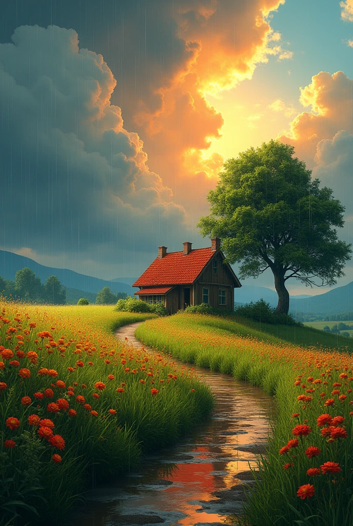 Create a landscape of a serene countryside scene during a gentle summer rain. A cozy cottage with a red roof is nestled near a large, lush green tree. The sky is filled with dramatic, billowing clouds in vibrant shades of orange and yellow, illuminated by sunlight breaking through, creating a striking contrast with the dark blue rain clouds. A narrow, winding path leads to the cottage, bordered by wildflowers in bright red and orange hues, and rich green grass Small puddies form from the rain along the path.
Generation Mode
Fast
Image ensions
23
Quality
The overall atmosphere is peaceful of d colors to enhance the vividness and charm of the landscape.