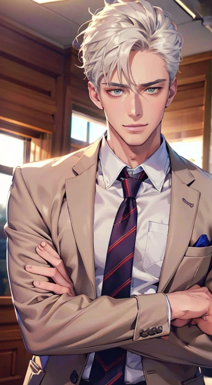(Highest quality,4K,8K,High resolution,masterpiece:1.2),Super detailed,(Realistic,photoRealistic,photo-Realistic:1.37),1 personld,Mature Men,Beautiful skin、very handsome,Expressionless smile in love,Short white hair,green eyes,Sharp Eyes,A perfect face without a doubt,Businessman, CEO, Office Background,Cinema Lighting,HDR image,tie、