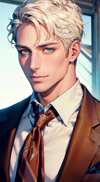 (Highest quality,4K,8K,High resolution,masterpiece:1.2),Super detailed,(Realistic,photoRealistic,photo-Realistic:1.37),1 personld,Mature Men,Beautiful skin、very handsome,Expressionless smile in love,Short white hair,green eyes,Sharp Eyes,A perfect face without a doubt,Businessman, CEO, Office Background,Cinema Lighting,HDR image,tie、