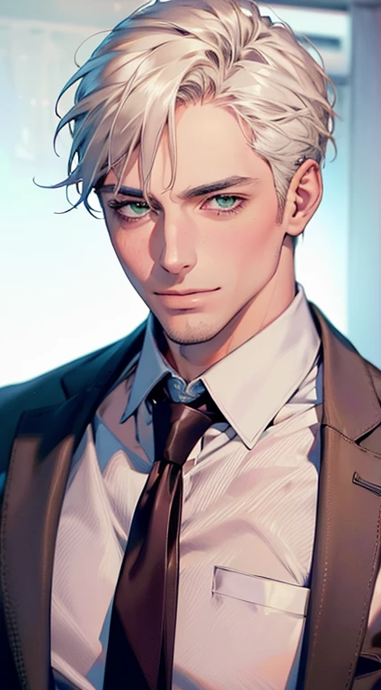 (Highest quality,4K,8K,High resolution,masterpiece:1.2),Super detailed,(Realistic,photoRealistic,photo-Realistic:1.37),1 personld,Mature Men,Beautiful skin、very handsome,Expressionless smile in love,Short white hair,green eyes,Sharp Eyes,A perfect face without a doubt,Businessman, CEO, Office Background,Cinema Lighting,HDR image,tie、