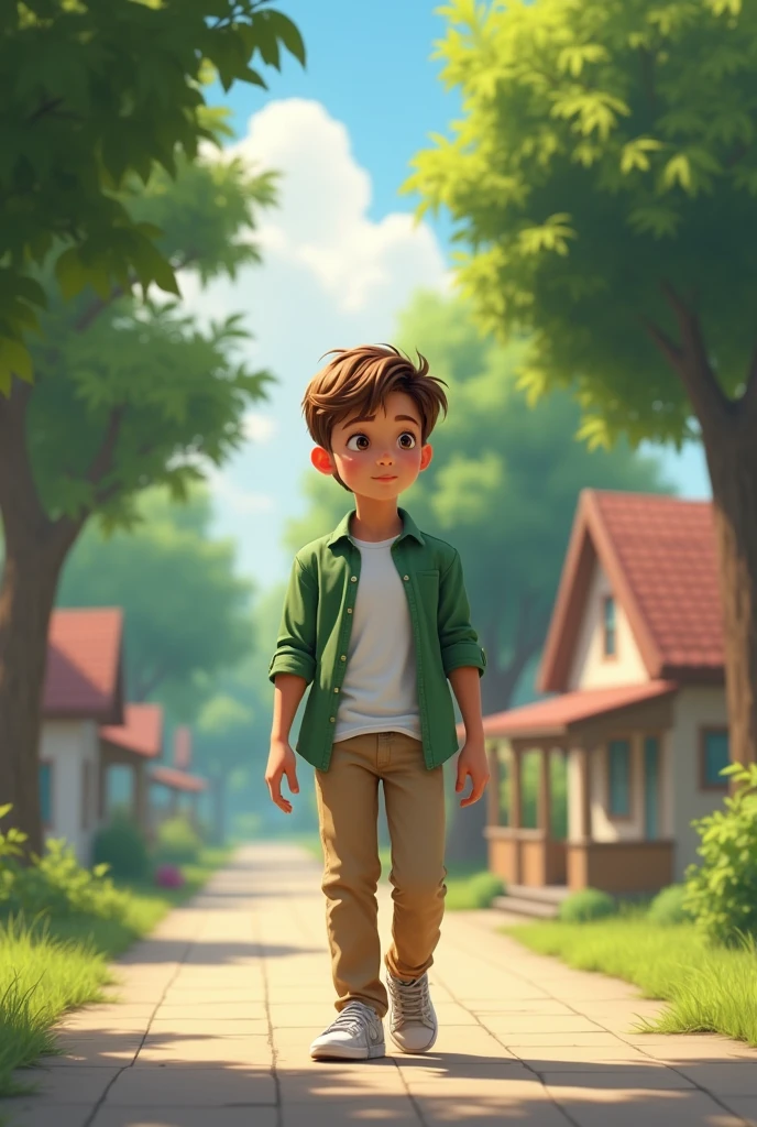 A boy with sh ort brown hair wearing a green shirt, white t-shirt, beige pants and sneakers walking through a quiet, small town. The town is peaceful, with tree-lined streets, modest houses, and a park in the background. Alex looks thoughtful, as if he's keeping a secret.