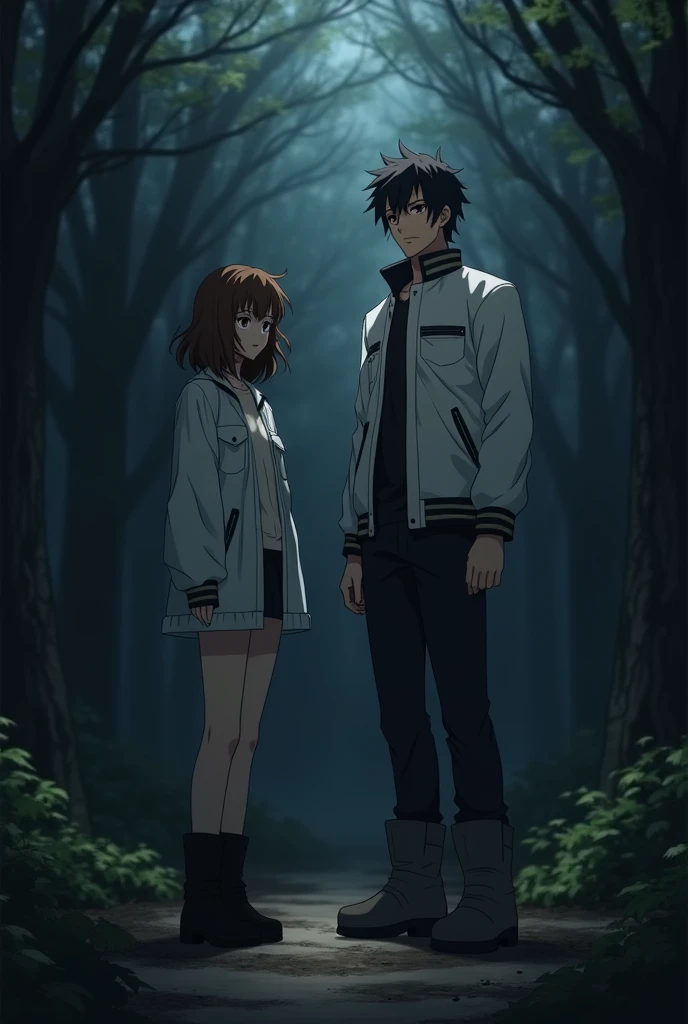 The image is in adult anime style cowboy bebop or Darker than black style, Black Lagoon with shadows and dim lights, anime style although somewhat adult and dark, It shows a 2 adult, She has short, uneven wavy brown hair, He wears a white jacket, wear boots. He has brown eyes. It's in a dark forest. . He is standing in the middle of the forest. He seems determined.