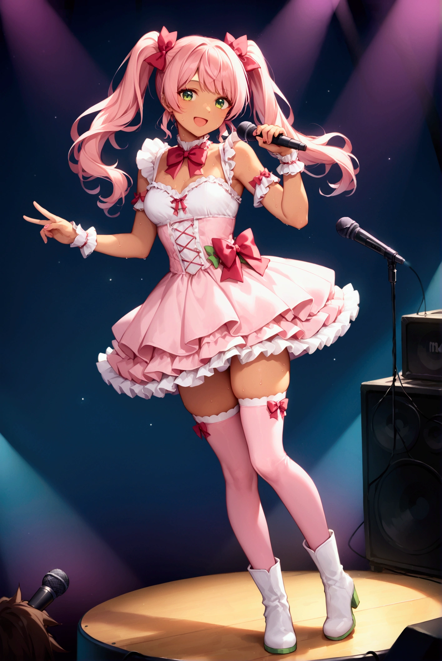 score_9, score_8_up, score_7_up, rating_safe, masterpiece, best quality, very aesthetic, absurdres, 1girl, solo, pink hair, long hair, hair ribbon, ribbon, twintails, bangs, green eyes, smile, open mouth, faint lips, idol, idol clothes, red bow, pink dress, frilled dress, frills, thighs, skindentation, pink thighhighs, white boots, tan, sweat, stage, microphone, holding, holding microphone, faint light