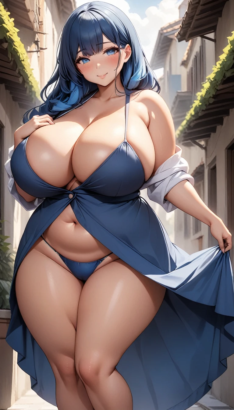 A beautiful and sexy bbw woman and such a tender face, pink cheek and blue hair and blue eyes, and a more bbw body 800D, big XXL breasts and bigger curve with thick sexy legs . Normal body 4k ultra sexy 👙