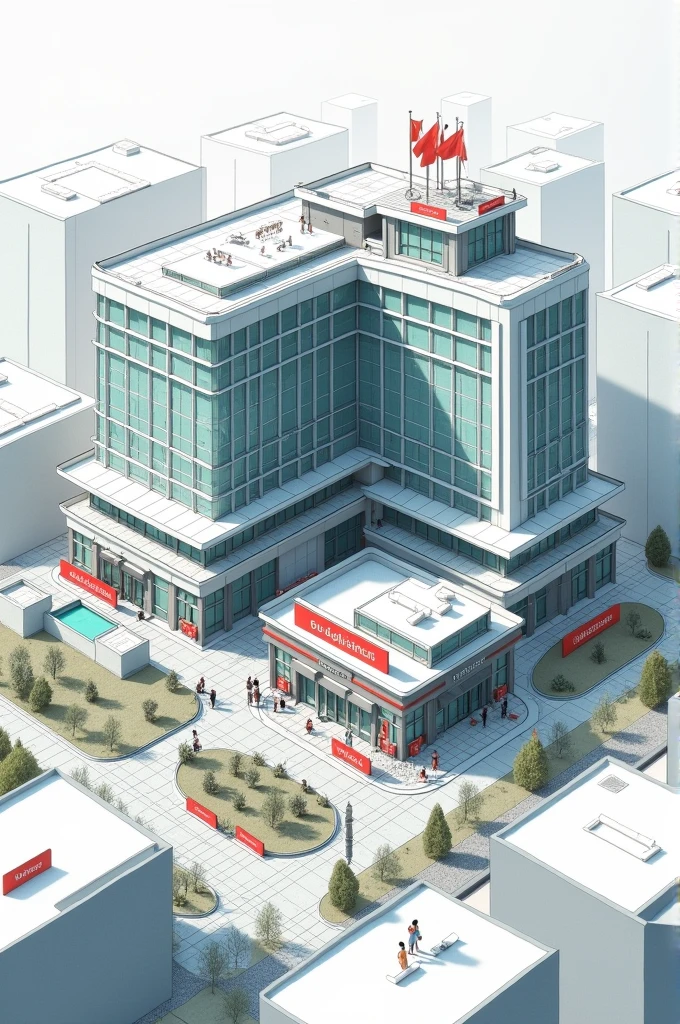 Make a sketch of a hospital with all the specialties, each with a name in English.