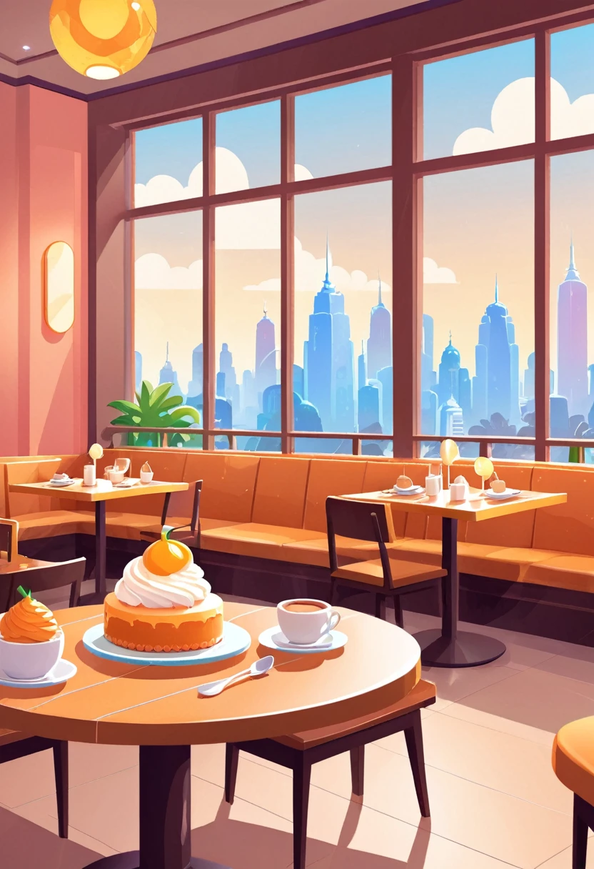A dessert restaurant，Desserts on the table，Very pleasant, 2D Illustration, 2D Illustration, detailed 2D Illustration, Clean and concise illustrations, Website Avatar, simple cartoon style, digital 2D Illustration, 2d mask illustration, 2. 5D Illustration, Animation illustration style, john egbert, 2D digital illustration, Simple illustration