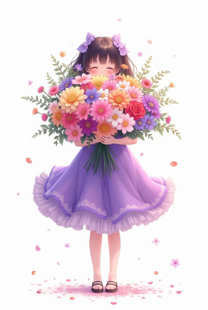 white background,baby girl standing,wearing beautiful party frock,purple shade full frill frock,wearing beautiful shoes,her hands full of large flower bunch,some flowers are fell down,nice smiling anime Sophia face,hide half face of flowers