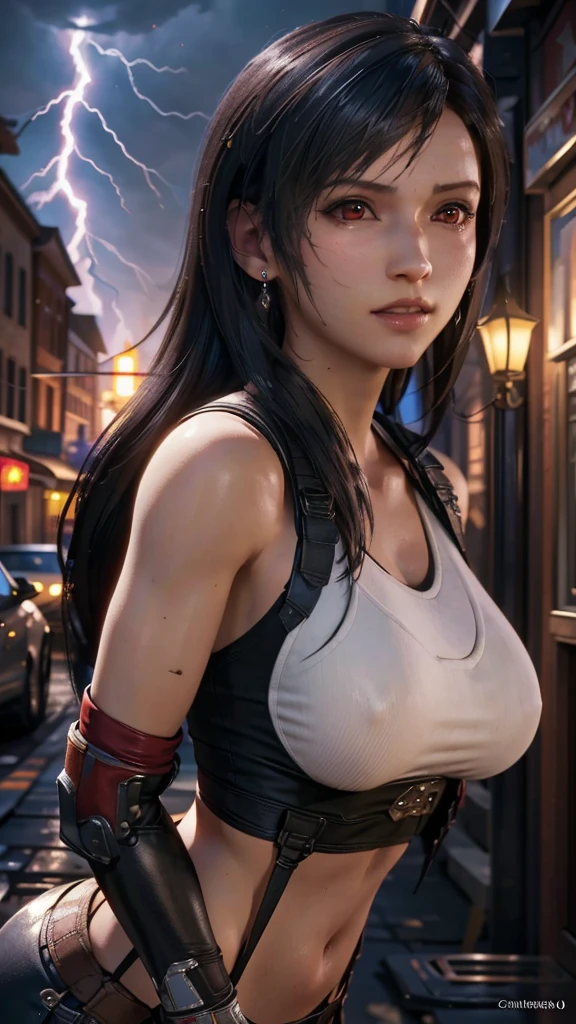 (final fantasy Tifa Lockhart, One girl, alone, big bouncing bust), complicated, elegant, Very detailed, Digital Painting, Art Station, Concept Art, Smooth, Sharp focus, figure, ArtJam、Greg Rutkowski、Alphonse Mucha、William Adolphe Bouguereau、Art by Stephanie Law , Magnificent royal background, large crown, Royal Jewels, robot, nature, Full Shot, Symmetric, Greg Rutkowski, Charlie Bowwater, Beep, Unreal 5, Surreal, Dynamic Lighting, Fantasy art, Complicated colors, Colorful magic circle, flash, lightning, light, Shining Castle, street fight