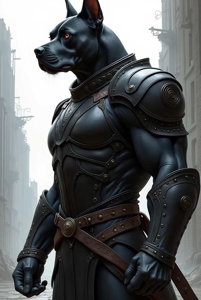Cane corso, leather armor, black and white, drawn, detailed , anime style, profile view