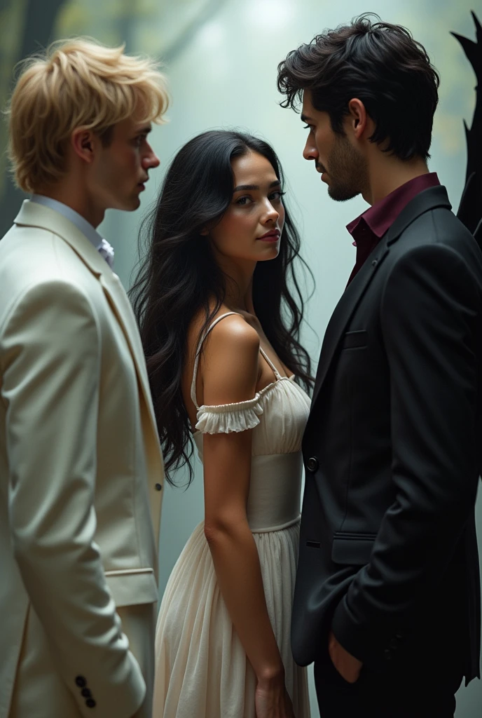 the protagonist , a young girl with wavy black hair, with a fine face, features like Megan Fox, with a dress, To his right is Lucifer, A handsome black-haired man with a wine-colored shirt and suit pants and his black wings barely noticeable and to his left a blond man in a white suit , and barely perceptible white wings. The three in medium shot.