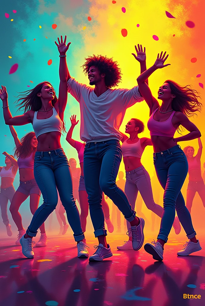 Poster for university dance club named rhythm rhapsody, bright colorful bacground