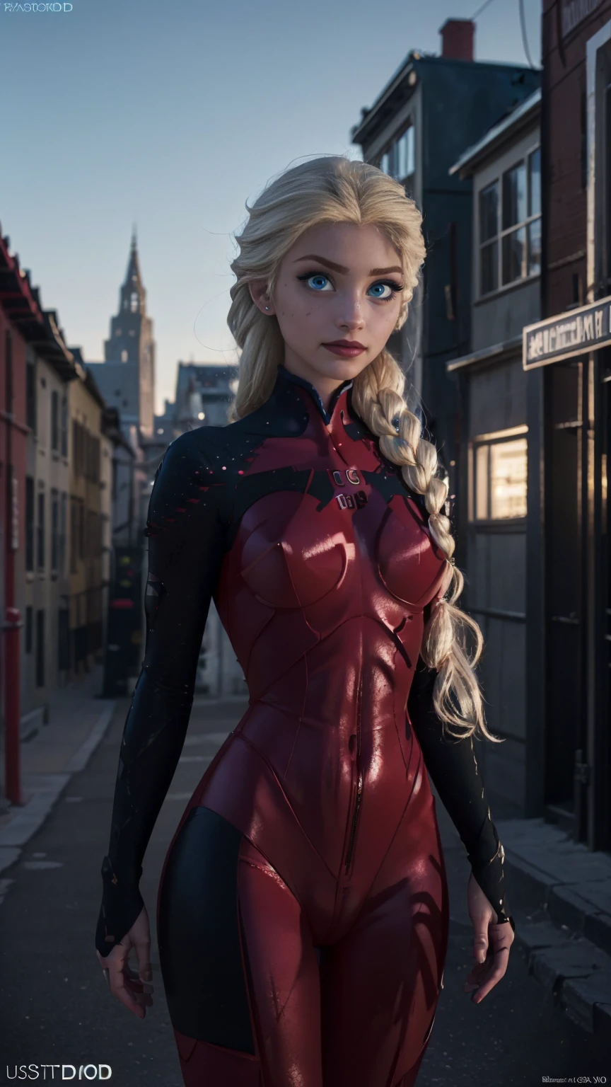a beautiful woman, Elsa from "Frozen" in an evangelion plug suit, long platinum blonde hair, blue eyes, casting various magical spells, wide angle shot, frozen over cityscape in the background, cinematic lighting, highly detailed, photorealistic, 8k, (best quality,4k,8k,highres,masterpiece:1.2),ultra-detailed,(realistic,photorealistic,photo-realistic:1.37),HDR,UHD,studio lighting,extremely detailed,vivid colors,dramatic colors, ElsaWaifu, wearing edgPlugsuit, red bodysuit, an14