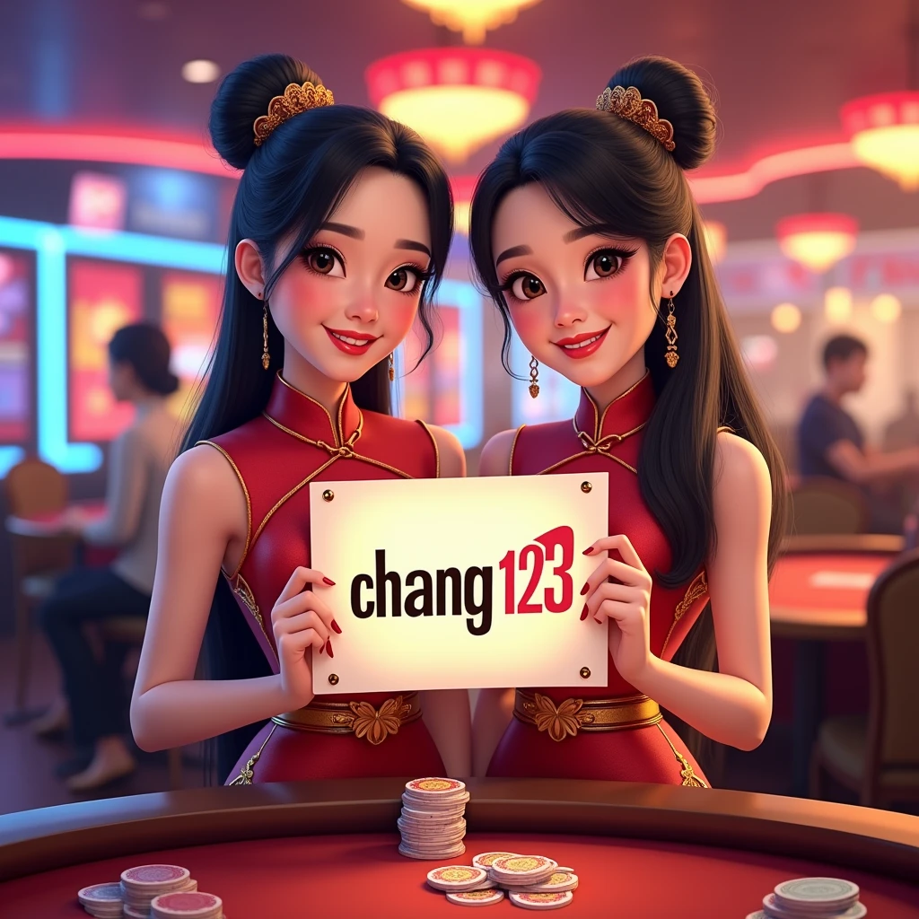 PG SLOT >> [chang123th.featuring] Direct web, upper body, two beautiful Thai women holding a sign "CHANG123 REGIST NOW" Cheerful, Happy, Casino Background, Thai Dress, Real Cartoon Pixar, Broken Chest, Standing Behind Poker Table, White Skin , simplemix, AbsoluteRealthailandwomen, ELEGANT WOMEN, guofeng, epic, realwomen