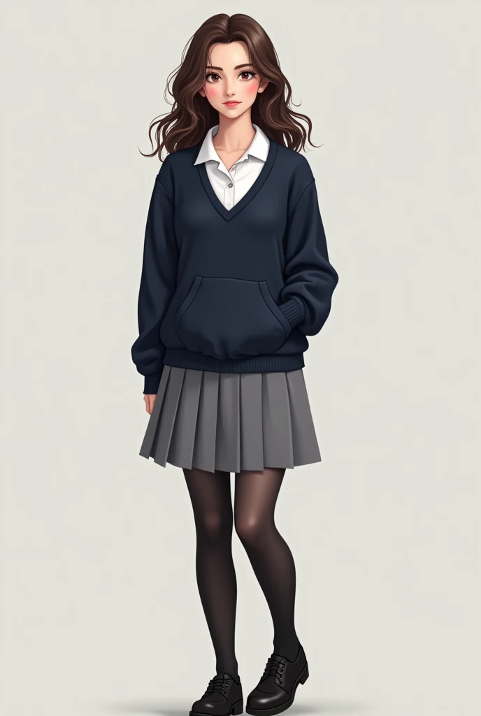 I want an avatar of myself, I am a girl with slightly curly, long brown hair with a tuft that is almost unnoticeable., My nose is turned up, the shape of my face is with prominent cheekbones and a small jaw., My eyebrows are straight with a slight curve at the end, I have a bit of hips and bust but they are not vulgar at all, I want to have a uniform with a gray pleated skirt, black sheer tights and black shoes, a white polo shirt and a dark blue school sweater, I DON&#39;T want my avatar to be anime