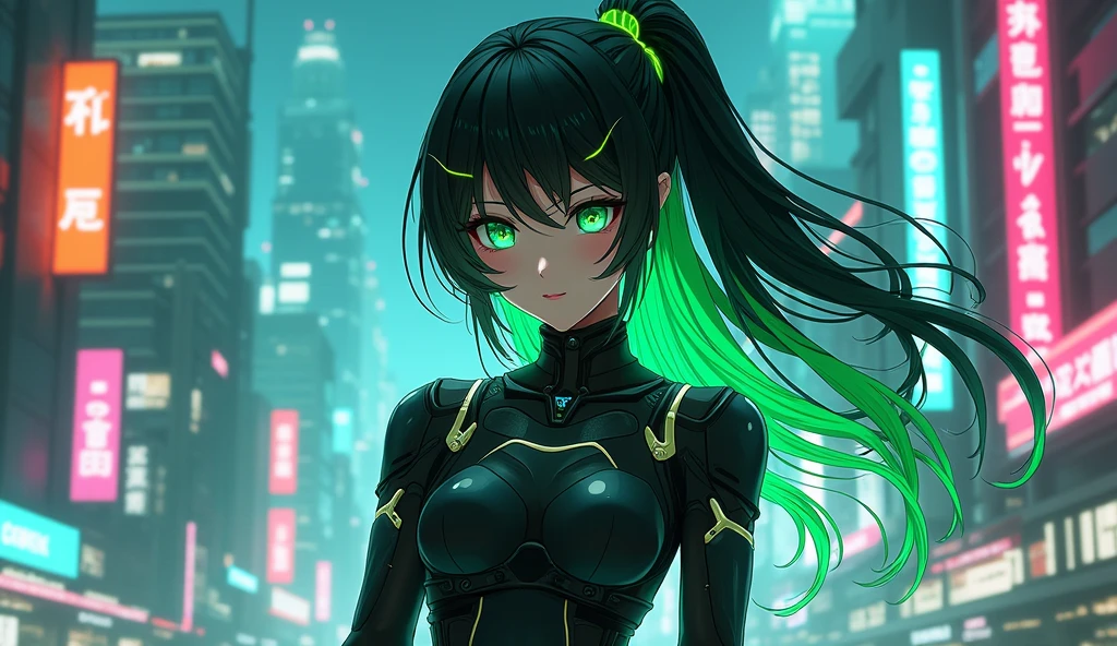 cyberpunk ,anime black green hair