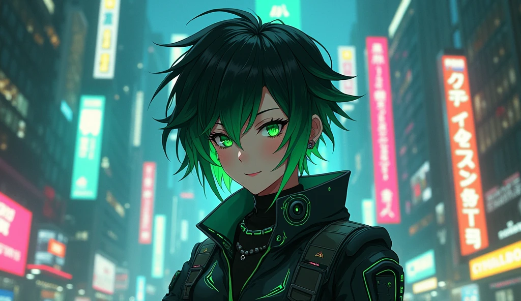 cyberpunk ,anime black green hair