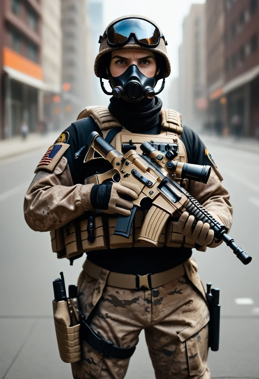 STAR15Mod, (masterpiece), (best quality), (ultra-detailed), (best illustration),(best shadow), looking at viewer, cowboy shot, fiery destroyed city background, tactical gear, tactical pouches, (gas mask:0.8), tactical armor, assault rifle, holstered handgun, (frown:1.3)