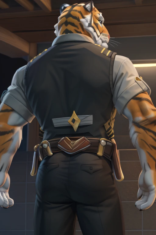 oscarfn, yellow eyes, muscular, looking at the viewer, tiger tail,(pin up), (pose), (Soft shading), 4k, anything, ((detailed face, detailed)), por zackary911, by zaush, (by personals:0.5), shirt, vest, short sleeves, belt black pants, view from behind, showing ass, big ass