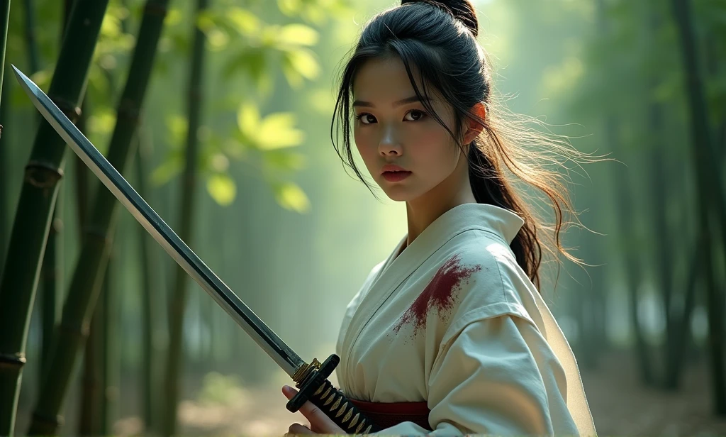 Original photo of a female warrior, Get into a fighting stance, Holding an unsheathed sword in hand, ready to fight, Dressed in full samurai attire (kimono) (wind in bamboo forest), (The wind blows up the leaves), There is a wound on her shoulder ( High skin detail: 1.2), 8k ultra high definition, DSLR camera, soft light, high quality, film grain, Fuji XT3
