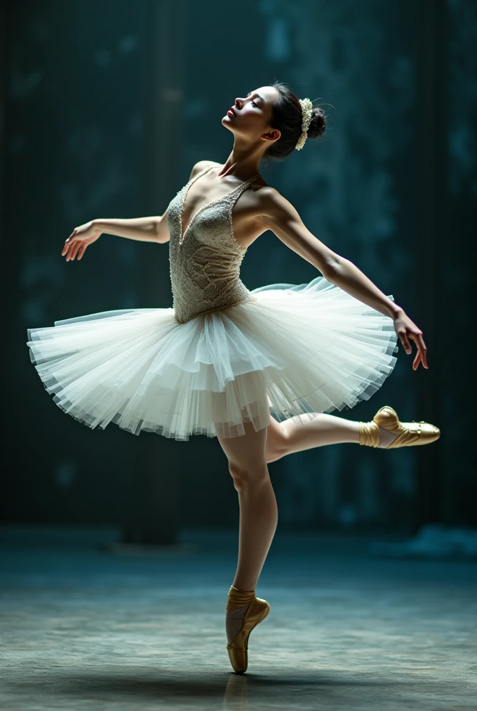 A stunning portrait of a ballerina mid-performance, captured in a split-second moment of grace and elegance. The stage is bathed in cinematic lighting, emphasizing the dancer's delicate features and the intricacies of her tutu. This photograph freezes time in a whirlwind of artistry and motion.