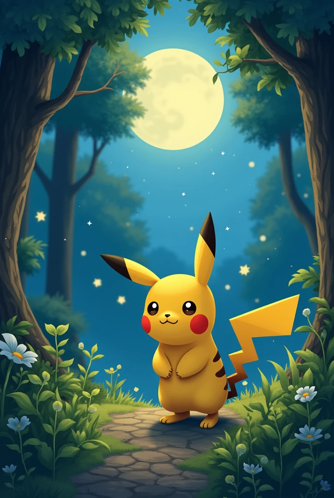 Create an image that meets the following criteria: A Ghibli-like atmosphere, in a forest, a picture of Pikachu, it's night but it looks bright with the moon and stars, and it has a fantastical feel.