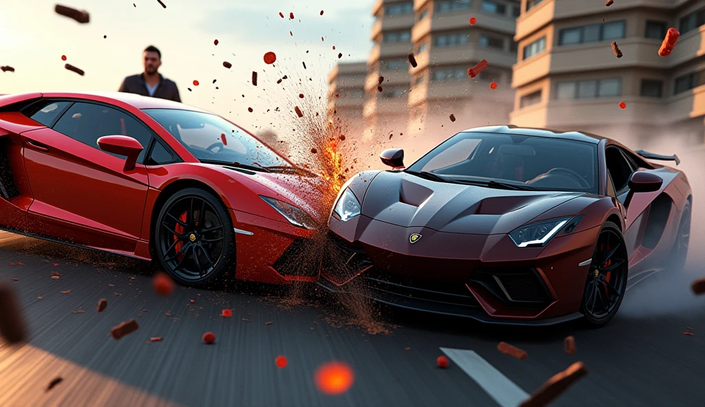 "Create a dramatic thumbnail featuring an intense car accident scene from Asphalt 8. Show two men in the midst of a dangerous collision, emphasizing the impact with debris flying. In the background, include a shocked reaction from a man witnessing the crash, his face filled with fear and surprise. Use dynamic lighting to highlight the chaos and energy of the scene."