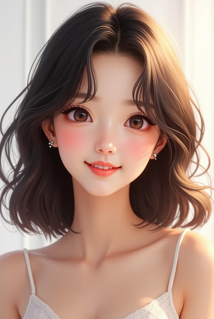 Asian feminine face with soft wavy short bangs and brown hair。Her hair is long and layered.、In the flowing soft waves、Give a friendly and approachable impression。Background is white。