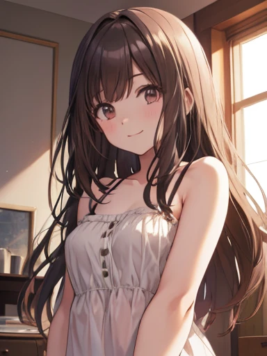 Girl, cute, lovely, from chest to head, smiling, straight hair, long hair, black hair, brown eyes, bedroom, morning, sunny, from below, looking down at us, camisole, looking at the camera, leaning forward, peeking