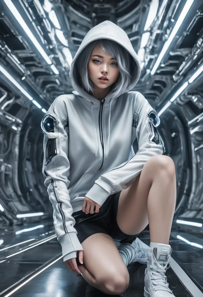 nsfw, masterpiece, Best Quality, hyper Realistic, A mysterious and sophisticated beautiful young gravure Japanese woman with blue eyes wears futuristic and sexy fashion art. sitting focus breasts,, from below, Detailed clothing butt, woman is climbing at a wide angle, with her full body in frame. large Butt, sexy large breasts, slim waist, Cyber punk taste fashion, Her outfit includes BLACK over sized Surface hoodie sweat, nothing shorts, adding a minimalist beauty. She accessorizes with futuristic accessories and technical sneakers. Her demeanor exudes harmony and striking simplicity, accentuating her curves and digging sensuously into her skin, hyper small head and face, wide and big Duck mouth, half open mouth, perfectly aligned teeth, perfect beautiful wide teeth, Detailed eyes, light blue eyes, half open eyes, shiny Droopy eyes, gray hair, looking other, She is situated within the interior of a futuristic colony, with mist drifting and steam rising from concrete