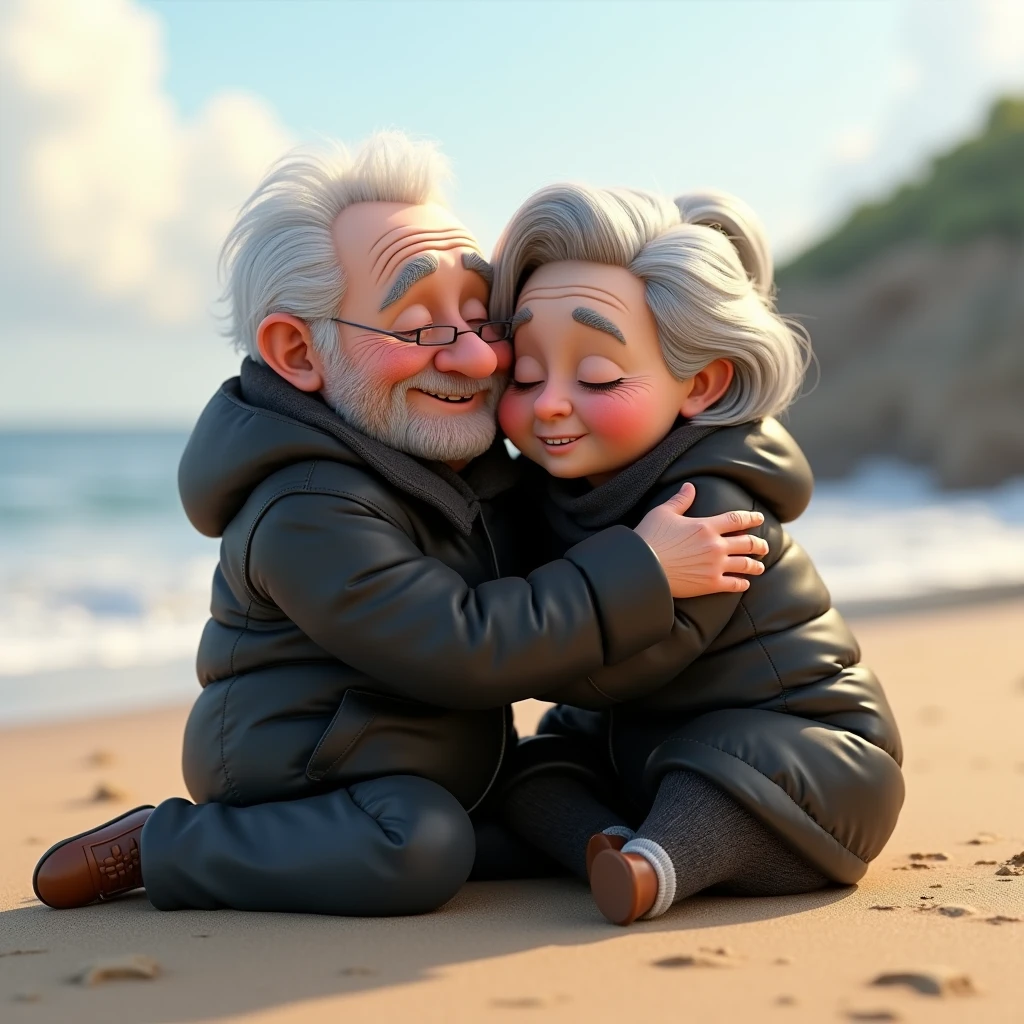 A 3d render animation of a grandfather with the name "tevs" and a grandmother with the name "sar". They are both wearing black jackets. They are sitting on the sand and hugging each other. After hugging, they run and hold hands. The background contains a scenic view of a beach.