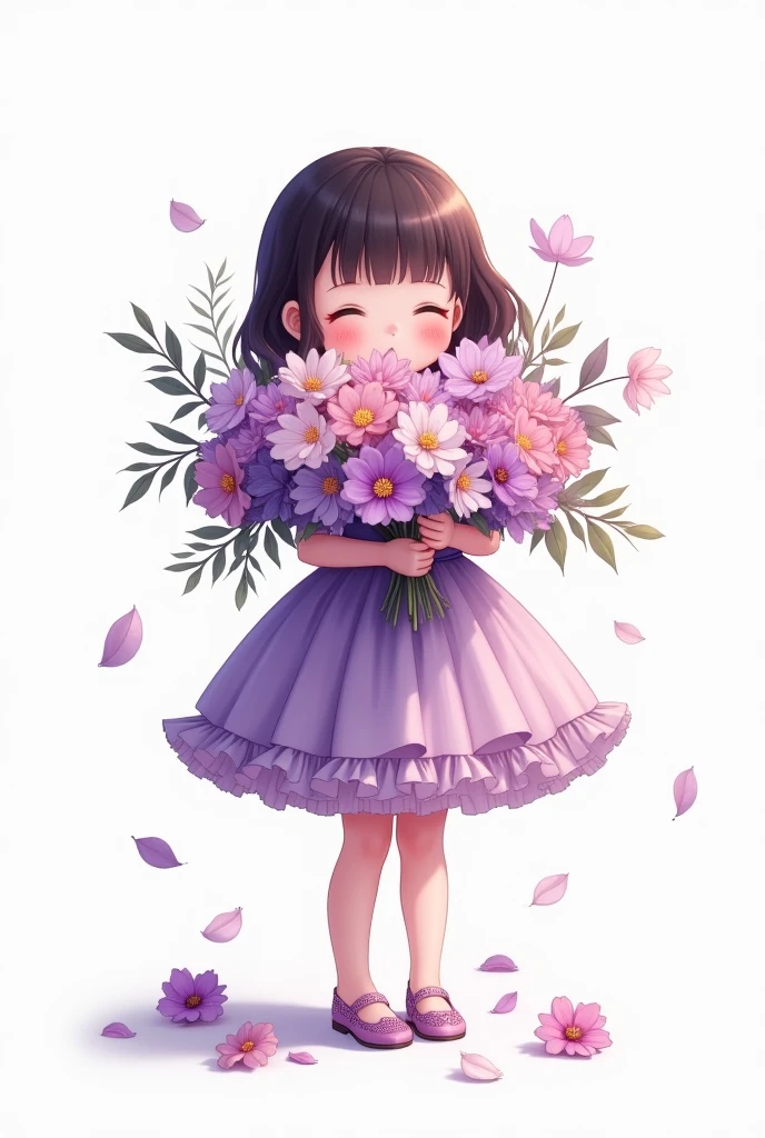 white background,cute little baby girl standing,wearing beautiful party frock,purple shade full frill frock,wearing beautiful shoes,her hands full of large flower bunch,some flowers are fell down,nice smiling anime Sophia face,hide half face of flowers
