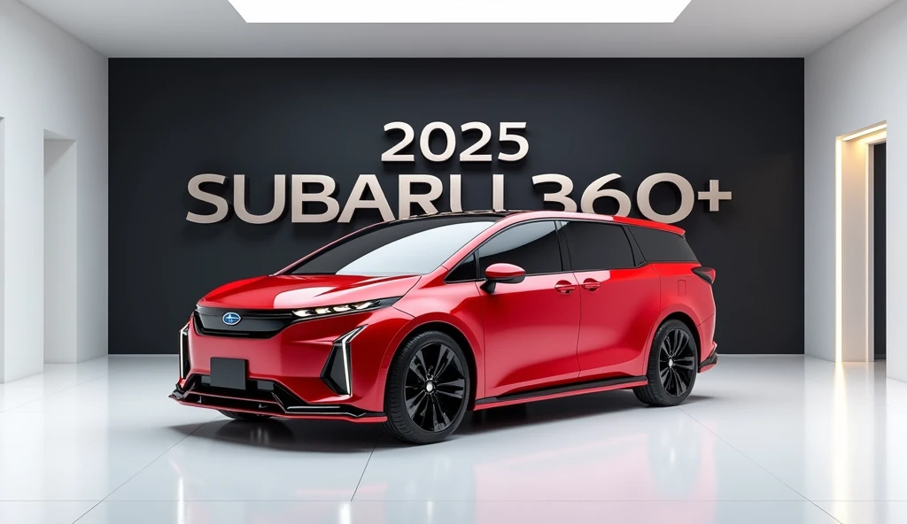 A stunning, futuristic van (2025 Subaru 360) takes center stage in a luxury white showroom. The vibrant (red) exterior gleams, drawing attention to its sleek, aerodynamic design and bold accents. The van (2025 Subaru 360) " is prominently displayed in large, metallic letters on the van, set against a dark wall. The ( front, , ) view showcases the cutting-edge innovation and technology of its time, inviting potential buyers to experience the future of automotive design and performance. This awe-inspiring image promises an unparalleled driving experience