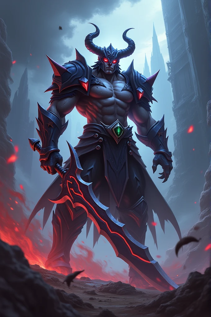 Barbarian with dragon wings and dark gray skin flying and wielding a giant, brutal axe --auto --s2