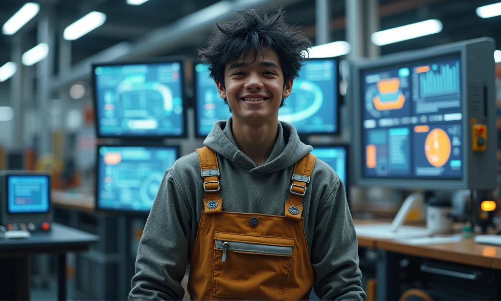 ridiculous resolution, High resolution, (masterpiece: 1.4), Super detailed, Young man with messy short black hair, Welder Dress Up, Grinning look, Factory high-tech workbench, Technological screen