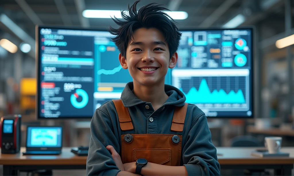 ridiculous resolution, High resolution, (masterpiece: 1.4), Super detailed, Young man with messy short black hair, Welder Dress Up, Grinning look, Factory high-tech workbench, Technological screen