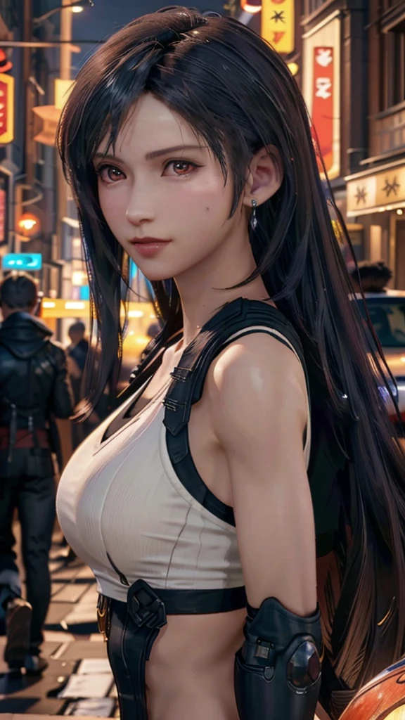 (final fantasy Tifa Lockhart, One girl, alone, big bouncing bust), complicated, elegant, Very detailed, Digital Painting, Art Station, Concept Art, Smooth, Sharp focus, figure, ArtJam、Greg Rutkowski、Alphonse Mucha、William Adolphe Bouguereau、Art by Stephanie Law , Magnificent royal background, large crown, Royal Jewels, robot, nature, Full Shot, Symmetric, Greg Rutkowski, Charlie Bowwater, Beep, Unreal 5, Surreal, Dynamic Lighting, Fantasy art, Complicated colors, Colorful magic circle, flash, lightning, light, Shining Castle, street fight