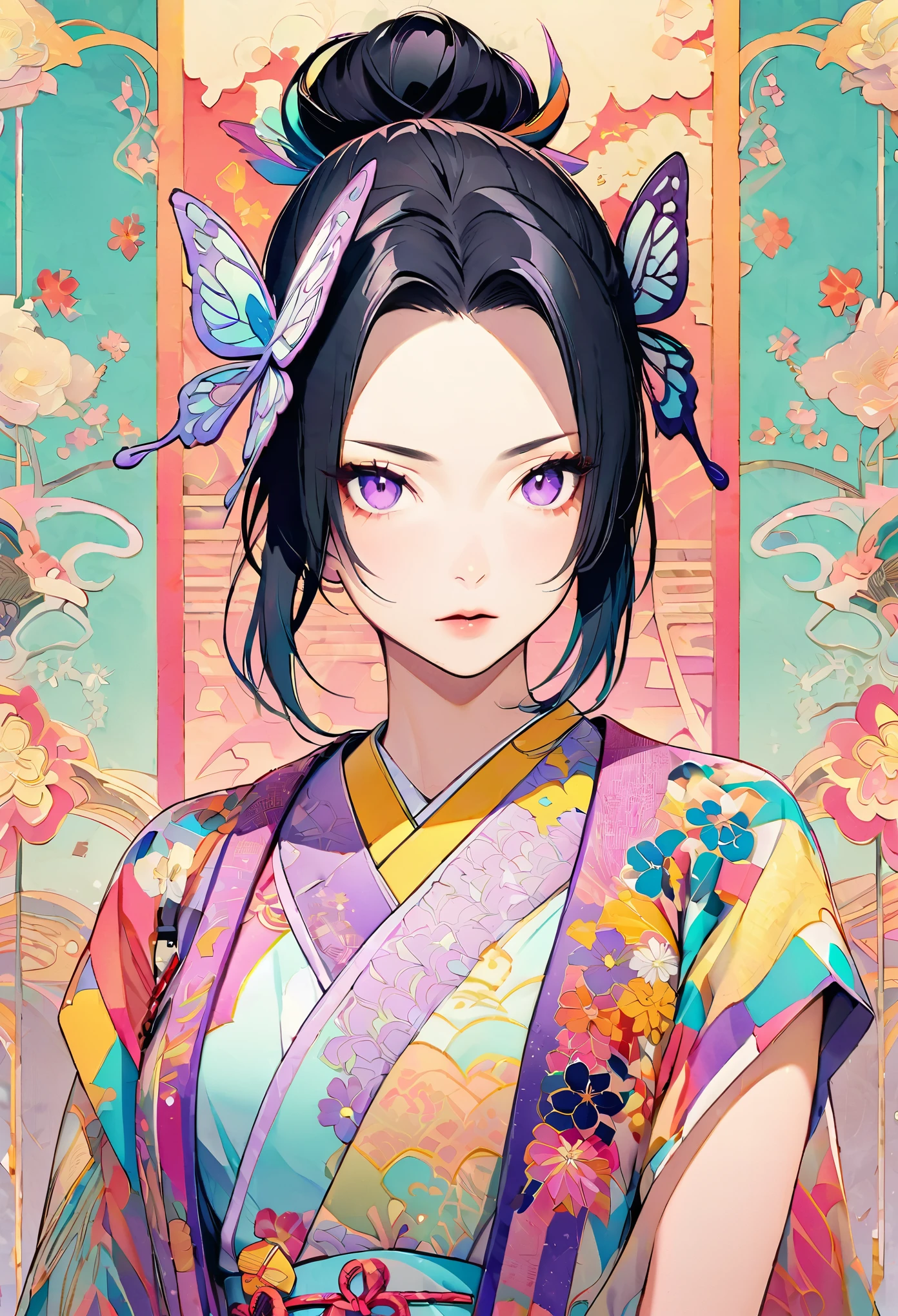 A mesmerizing surreal illustration of a young japanese woman resembling Shinobu Kouchou. She has black hair, purple eyes, a butterfly hair ornament, and wears a vibrant pastel colored outfit adorned with intricate floral patterns. She has a smooth, warm complexion, and bold, colorful tattoos cover her arms and legs. The tattoos feature traditional Japanese motifs like flowers and mythical creatures, rendered with meticulous detail in a pastel color palette. The background is a vintage floral-patterned wallpaper that complements the artwork's colors. The line work is precise, with delicate shading that gives the illustration a 3D quality. The artwork fuses modern illustration techniques with traditional Japanese aesthetics, resulting in a visually striking, portrait, Shinobu_Kocho, butterfly_hairpiece, multicolored_hair, purple_hair, black_hair, medium breasts, slender,
