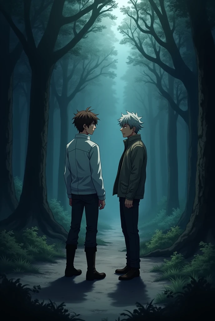 The image is in adult anime style cowboy bebop or Darker than black style, Black Lagoon with shadows and dim lights, anime style although somewhat adult and dark, It shows a 2 adult man, She has short, uneven wavy brown hair, He wears a white jacket, wear boots. He has brown eyes. It's in a dark forest. . He is standing in the middle of the forest. He seems determined.