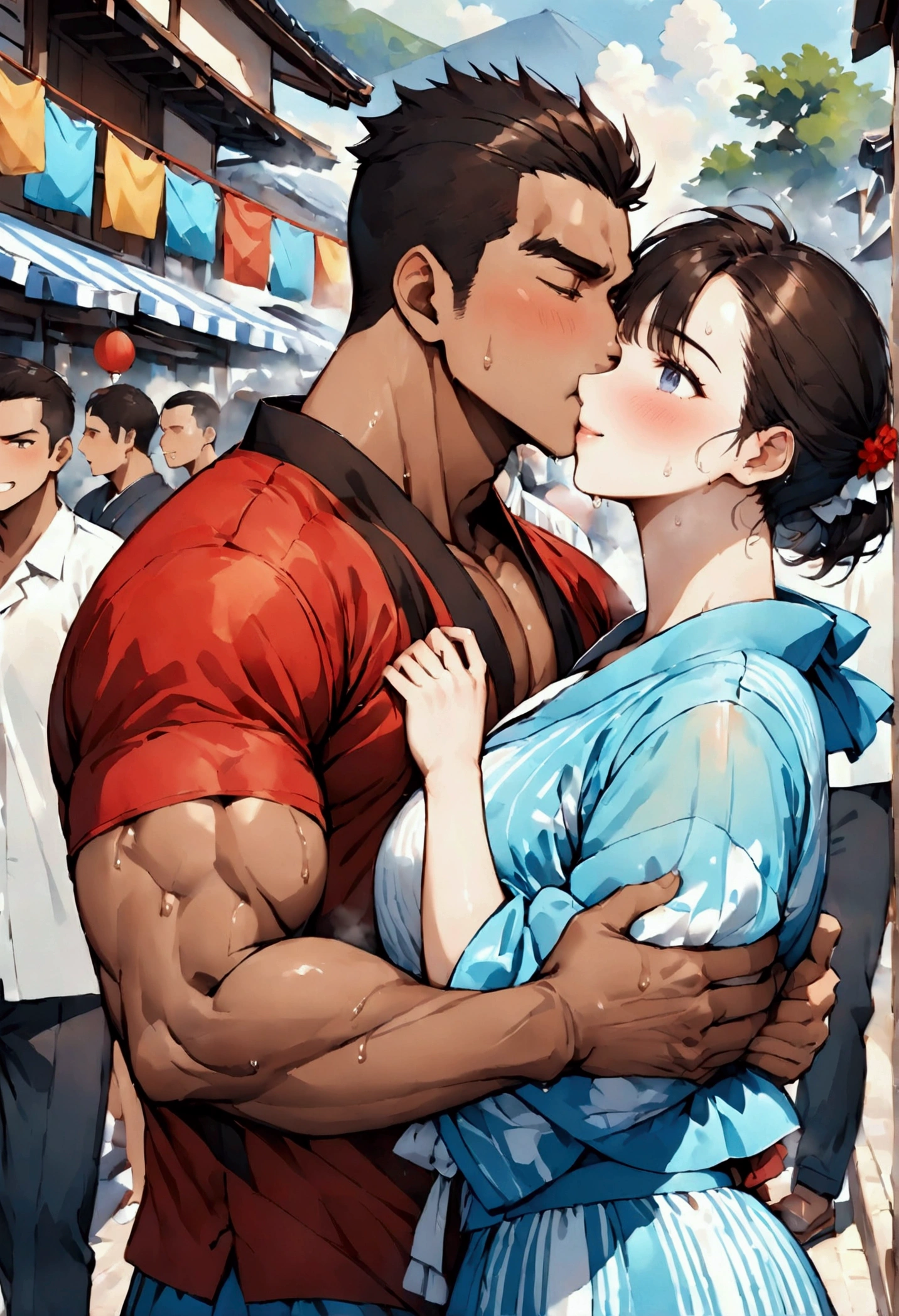 Highest quality、(muscular male:1.5)、(father:0.5)、guy、Shaved head、Brown skin、Short Hair、Sports haircut、short hair、 kiss、hug from behind 、grabbing another’s chest、(sweat:1.4)、(steam:1.2)、yukata、Festivals