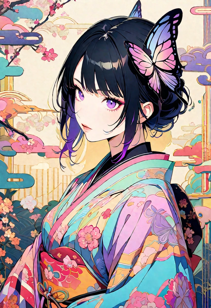 A mesmerizing surreal illustration of a young japanese woman resembling Shinobu Kouchou. She has black hair, purple eyes, a butterfly hair ornament, and wears a vibrant pastel colored outfit adorned with intricate floral patterns. She has a smooth, warm complexion, and bold, colorful tattoos cover her arms and legs. The tattoos feature traditional Japanese motifs like flowers and mythical creatures, rendered with meticulous detail in a pastel color palette. The background is a vintage floral-patterned wallpaper that complements the artwork's colors. The line work is precise, with delicate shading that gives the illustration a 3D quality. The artwork fuses modern illustration techniques with traditional Japanese aesthetics, resulting in a visually striking, portrait, Shinobu_Kocho, butterfly_hairpiece, multicolored_hair, purple_hair, black_hair, medium breasts, slender,
