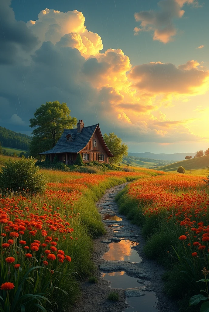 c, billowing clouds in vibrant shades of orange and yellow, illuminated by sunlight breaking through, creating a striking contrast with the dark blue rain clouds. A narrow, winding path leads to the cottage, bordered by wildflowers in bright red and orange hues, and rich green grass Small puddies form from the rain along the path.
Generation Mode
Fast
Image ensions
23
Quality
The overall atmosphere is peaceful of d colors to enhance the vividness and charm of the landscape.