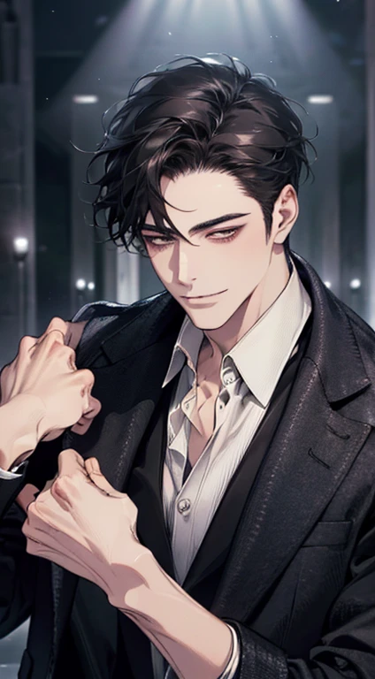 (best quality, masterpiece, 8K, photorealistic, cinematic lighting, 1:4 hdr image, ultra detailed, beautiful image), a mature man, very handsome, ((cold expression smile in love)), short black hair, black eyes, face perfect without mistakes, ((buttoning his jacket, CEO))