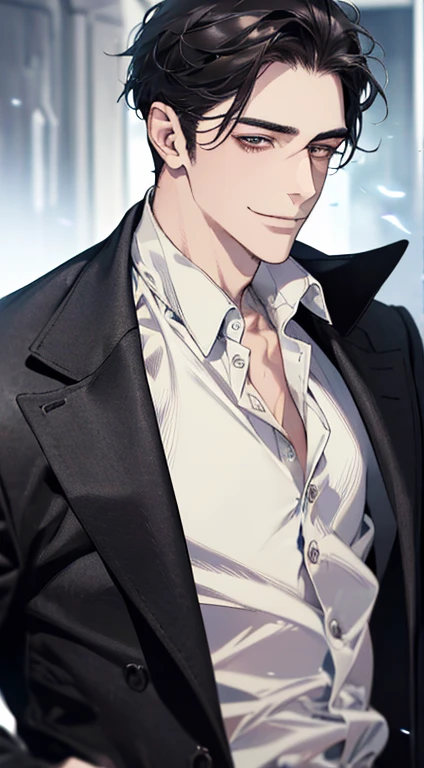 (best quality, masterpiece, 8K, photorealistic, cinematic lighting, 1:4 hdr image, ultra detailed, beautiful image), a mature man, very handsome, ((cold expression smile in love)), short black hair, black eyes, face perfect without mistakes, ((buttoning his jacket, CEO))