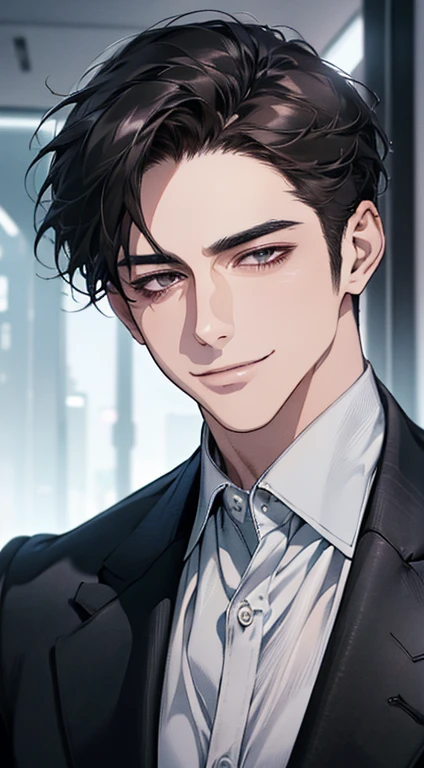 (best quality, masterpiece, 8K, photorealistic, cinematic lighting, 1:4 hdr image, ultra detailed, beautiful image), a mature man, very handsome, ((cold expression smile in love)), short black hair, black eyes, face perfect without mistakes, ((buttoning his jacket, CEO))