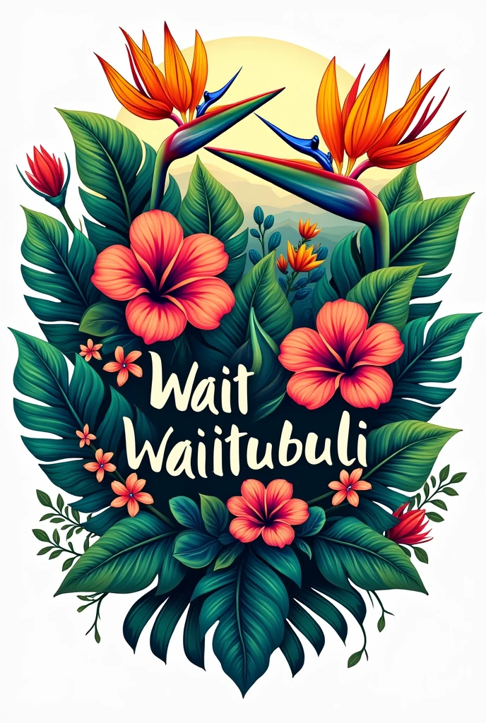 Create tropical leaves and flowers, hibiscus,
bird of paradise flowers. with the words 'Waitukubuli ', t-shirt design, white background, png