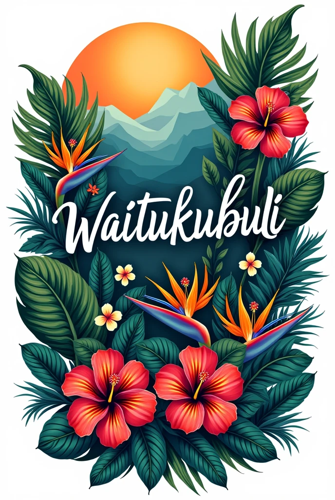 Create tropical leaves and flowers, hibiscus, 
bird of paradise flowers.  with the words 'Waitukubuli ', t-shirt design,  white background,  png