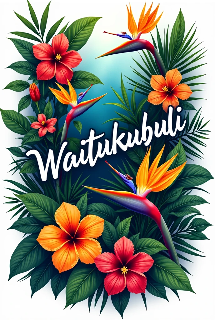 Create tropical leaves and flowers, hibiscus,
bird of paradise flowers. with the words 'Waitukubuli ', t-shirt design, white background, png