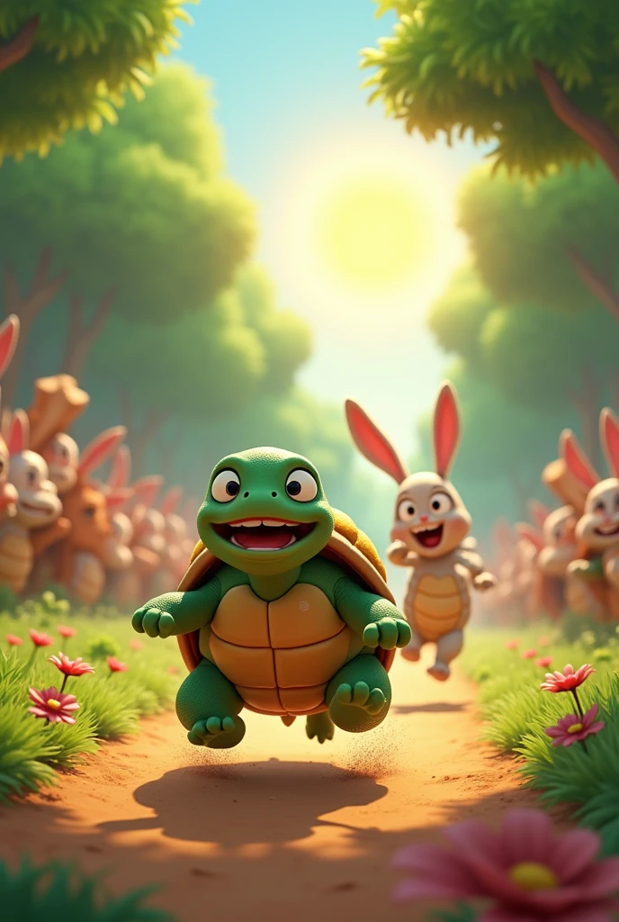 Draw a turtle near the finish line with a happy face, while the panicking rabbit runs behind Can a finish line be drawn with the letter "Destination" clear and the audience cheered A beautiful forest with green grass, flowers bloom and the sun shines. Tired rabbit face