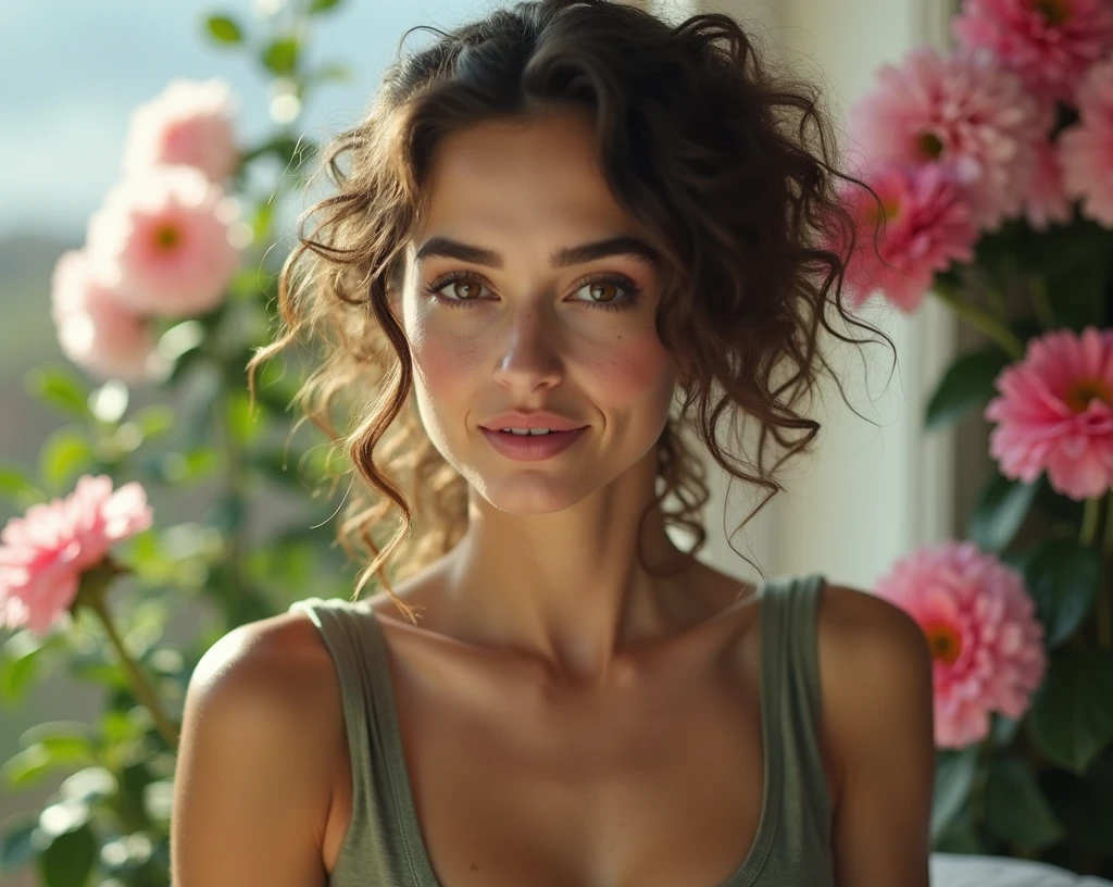 woman with brow hair, curly, brown eyes, and freckles. A woman sitting in bed with a pink dick, in the photoshoot, 
. her curly brown hair styled in loose curls that cascade down her back. She has delicate freckles scattered across her nose and cheeks, with deep brown eyes that sparkle in the sunlight. Her body is lean and toned from regular workouts.